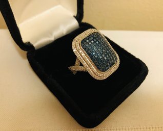 Sterling Silver SJ Signed Blue Diamond & White Sapphire Ring (8.7 Grams)