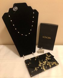 NEW! Sterling Silver Signed Honora Pearl Illusion Floater Necklace & Pouch