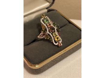 Sterling Silver DK Signed Multicolor Gemstone Ring (4.6 Grams)