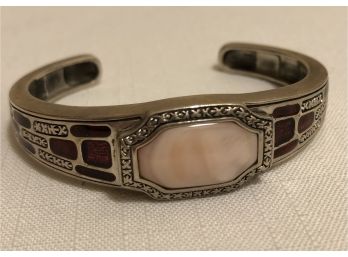 Sterling Silver Signed CNA Mother Of Pearl Hinged Cuff Bracelet (37.5 Grams)