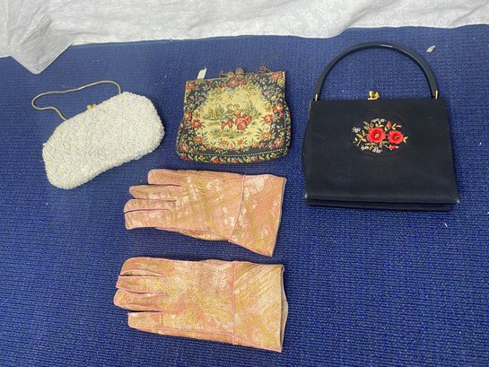 3 Vintage Purses And Pink Gloves