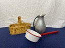 Antique Bundle- Basket, Pitcher And Camping Cup