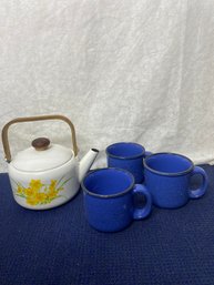 Antique Metal Tea Pot And Cups