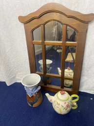 Wood Mirror, Tpot And Vase