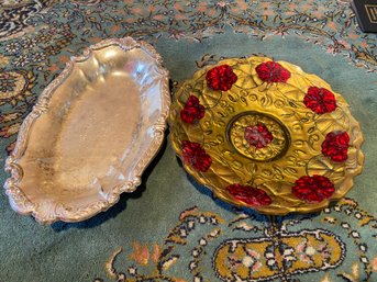 Silver Platter And Red/gold Plate