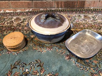 Ceramic Bowl W/lid, Straw Basket & Plate