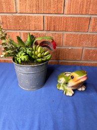 Frog Planter With Fake Plants