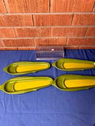 Four Plastic Corn Plates And Butter Dish