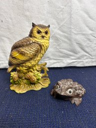 Vintage Hand Painted Owl And Frog