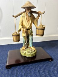 Asian Water Bucket Man Statue With Stand