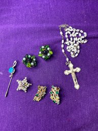 Vintage Bundle Of Jewelry - Rosary, Clip Ons, Pins