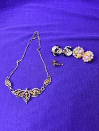Vintage Bundle Of Jewelry - Necklace, Pin, Clip Ons