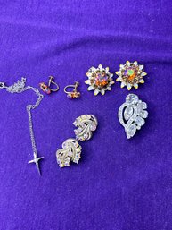 Vintage Bundle Of Jewelry - Cross Necklace, Pin, Clip Ons