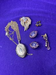 Vintage Bundle Of Jewelry Necklace, Pin, Clip Ons