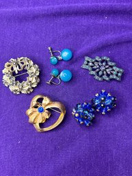 Vintage Bundle Of Jewelry - 2 Pins, Clip Ons