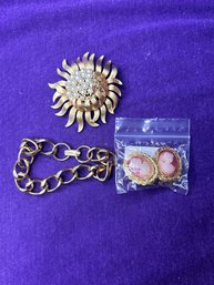 Vintage Bundle Of Jewelry - Cameo, Pin, Bracelet