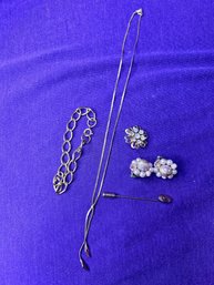 Vintage Bundle Of Jewelry , Necklace, Bracelet, Pin, Clip Ons