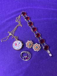 Vintage Bundle Of Jewelry - Bracelet, Watch Necklace, Pin, Clip Ons