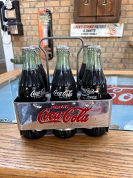 Coca Cola Metal 6 Pack Holder And Bottles