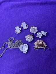 Vintage Bundle Of Jewelry - Clip Ons, Pins, Necklace