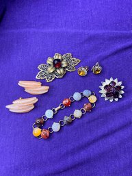 Vintage Bundle Of Jewelry - Bracelet, Pins, Clip Ons