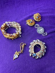Vintage Bundle Of Jewelry - Bracelet, Pin, Clip Ons