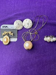 Vintage Bundle Of Jewelry - Necklace, Pin, Clip Ons