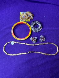 Vintage Bundle Of Jewelry - Necklace, Bracelet, Pins, Clip Ons