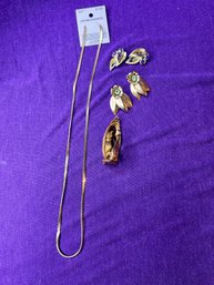 Vintage Bundle Of Jewelry  - Necklace, Pin, Clip Ons