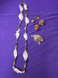 Vintage Bundle Of Jewelry  - Necklace, Pin, Clip Ons