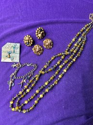 Vintage Bundle Of Jewelry  - Necklace, Bracelet, Pin, Clip Ons
