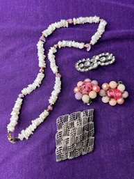 Vintage Bundle Of Jewelry  - Necklace, Pins, Clip Ons