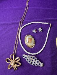 Vintage Bundle Of Jewelry  - Necklaces, Pins, Clip Ons
