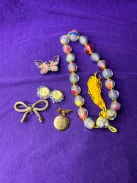 Vintage Bundle Of Jewelry  - Asian Necklace, Pins, Clip Ons