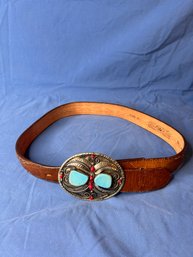 Leather Belt With Turquoise Buckle