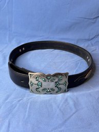 German Silver Turquoise Buckle With Leather Belt