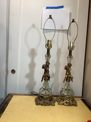 Pair Of  Matching Lamps Crystal & Brass