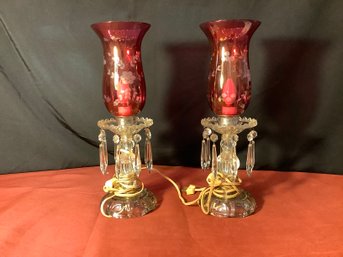 Pair Crystal & Glass Lamps W/ Red Etched Chimneys