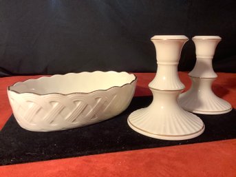 Lenox Serving Bowl & Lenox Candlesticks W/Tags