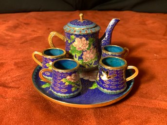 Vintage Cloisonn  Tea Set With Tea Pot,  Cups & Tray