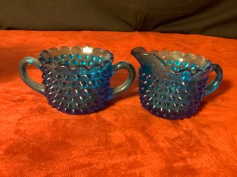 Vintage Blue Hobnail Sugar And Creamer