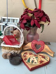 Holiday Pointsettias In Vase, Basket, Hand Painted Merry Christmas Heart Shaped Decor & More