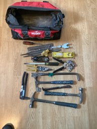 Tool Bag W/ Hammers, Crow Bar, Medal Hole Punch, Tin Snips W/ Husky Bag