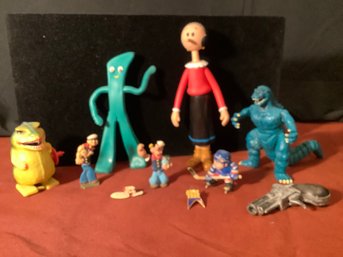 Vintage Toy Group Metal Popeye, Vintage Olive Oil, Gumby, Walking Wind Up Dinosaur & More