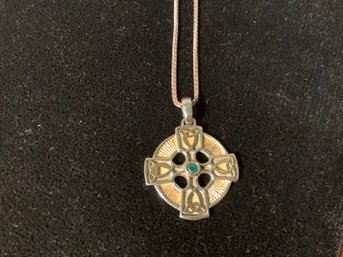 Celtic Silver Cross With Emerald Green Center & Long Chain