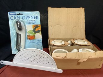 French Onion Soup Handled Bowls, Can Opener, Strainer