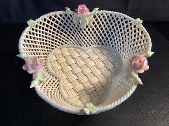 Belleek Magnificent  Reticulated Rose Open Weave Basket