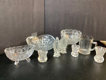 Large Group Of  Clear Glass Serving Dishes , Salt & Pepper & More