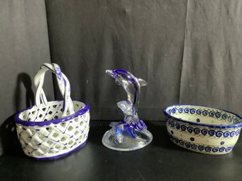 The Dolphin In Glass & Blue & White Serving Ware