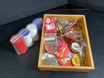 Junk Drawer Lot With Pocket Knife, Poker Chips, Buttons & More